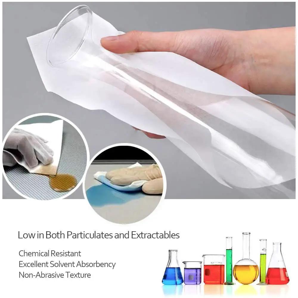 Person using lint free cleanroom wipes nonwoven for auto paint prep 9x9 inch 300 pcs 56 GSM on lab glassware
