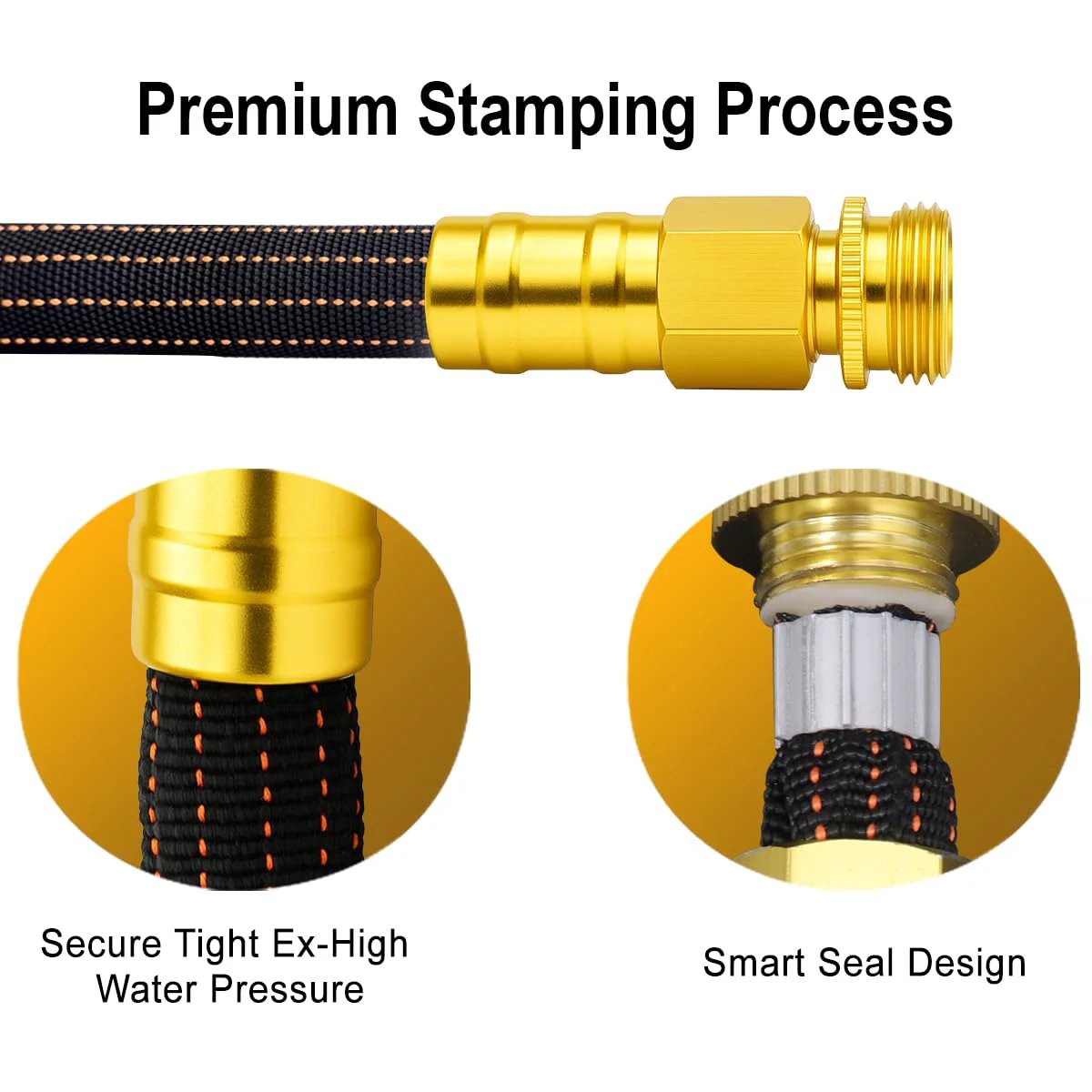 Close-up of brass fittings on a 25ft Lightweight Flexible Garden Hose Non Kink With Solid Brass Fittings For Boats RVs And Marine Washdown Leakproof TPE Hose For Lawn And Garden Ultra Lightweight Orange Black, highlighting premium stamping process.
