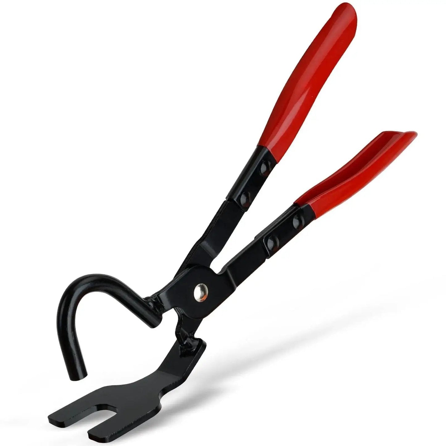 Exhaust Hanger Removal Tool Non Slip Grip Heavy Duty 25 Degree Offset Jaw with red handles, side view.