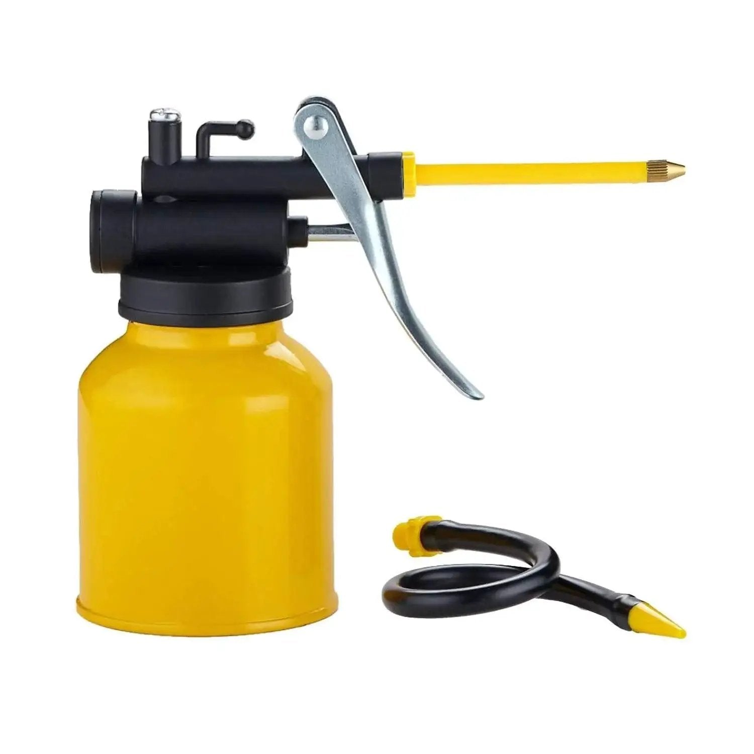 Durable Yellow Metal Oiler Can With Dual Spouts And Built In Pump 8oz 250ml 9 Inch Flexible Spout And 3 Inch Straight Nozzle