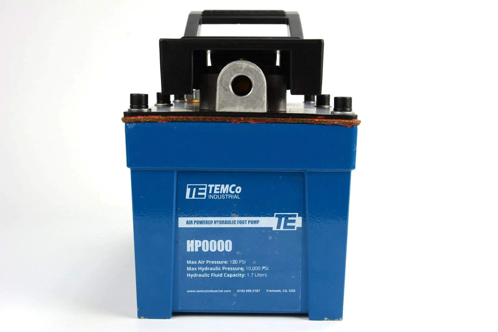 Front view of High Pressure Air Hydraulic Pump Power Pack Unit With 10K Psi And 103 Cu In Capacity, TEMCo HP0000, with black handle.