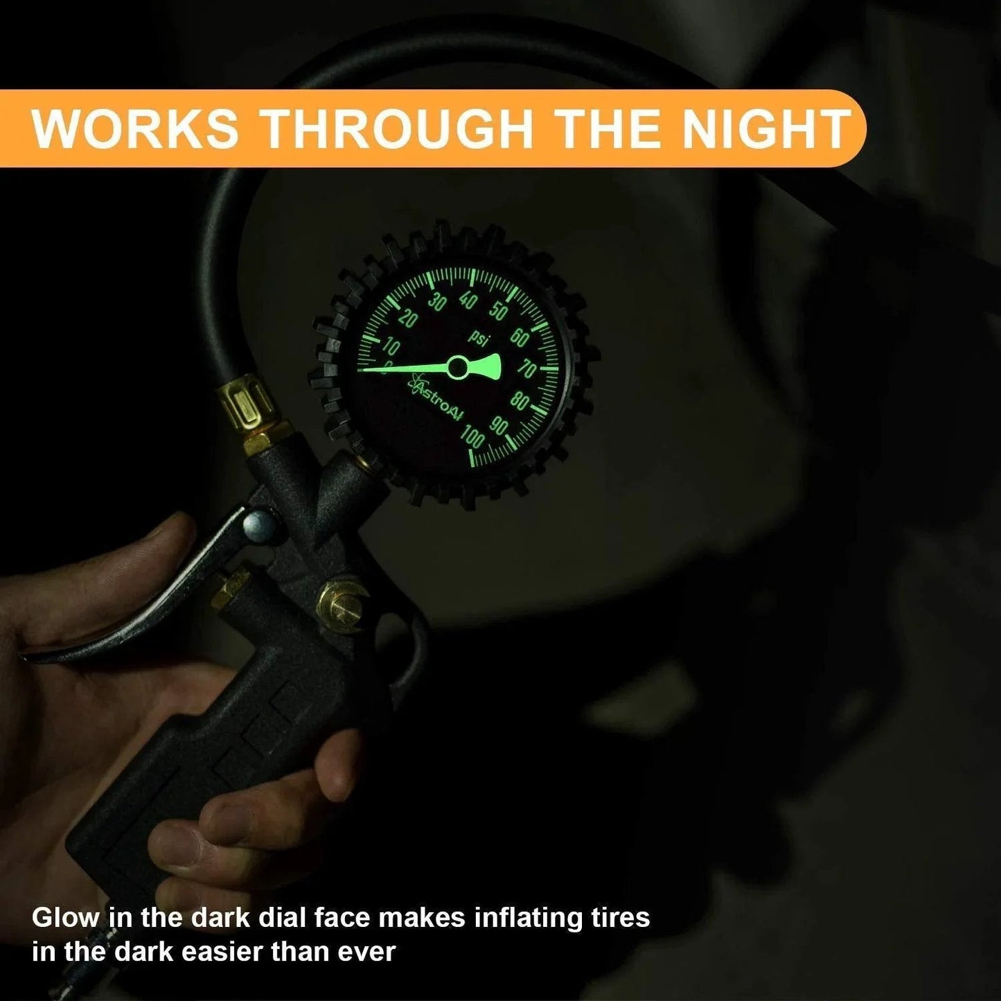 Tire Pressure Gauge With Inflator For Car And Truck, 0-100 PSI Accurate Within 1 PSI, ANSI B40.1 Certified with glow dial