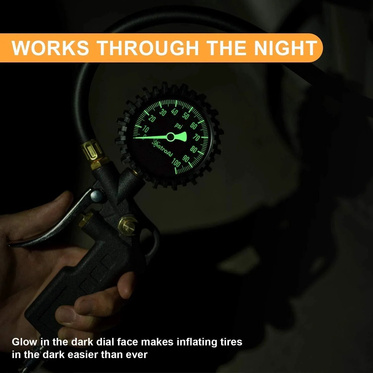 Tire Pressure Gauge With Inflator For Car And Truck, 0-100 PSI Accurate Within 1 PSI, ANSI B40.1 Certified with glow dial