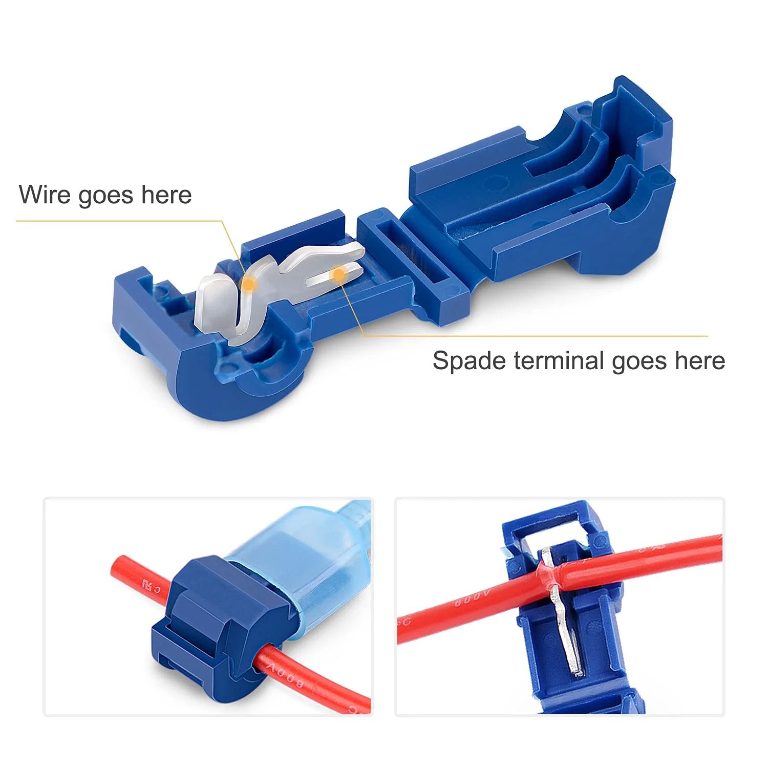 Easy Tap Self Stripping T Tap Wire Terminal Kit With 120 Pcs 60 Pairs Quick Splice Terminals And 60 Nylon Insulated Male Disconnects For Auto Marine Wiring Nilight 50004R With 2 Year Warranty showing blue splice terminal and wire instructions