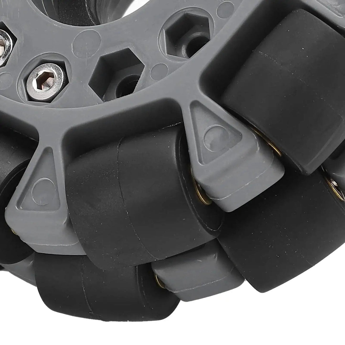 Close-up of Omnidirectional 100mm Double Plastic Wheel for robots with rubber rollers, showcasing 360-degree mobility and precise maneuvering.