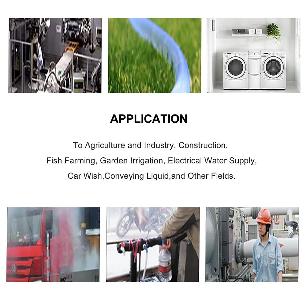 Image collage showing applications of Clear PVC Vinyl Tubing 8mm ID By 10mm OD for industrial, garden, and home water use.