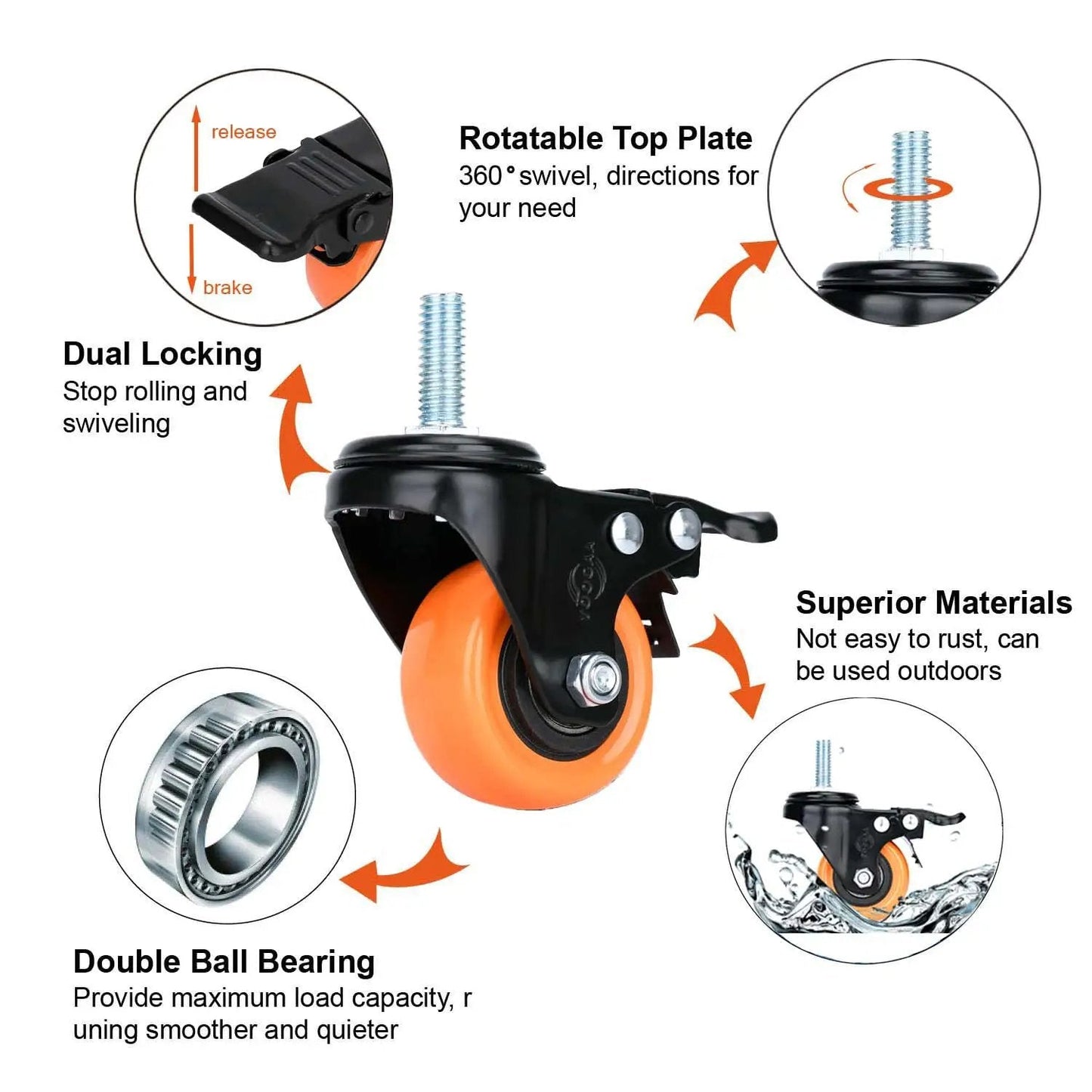 Caster Wheels 2 Inch Swivel Set Of Four Heavy Duty 600 Lbs Per Caster Half Inch 13 Threaded By One Inch Shafts Dual Locking Industrial Castors Smooth Quiet With Brakes For Cart And Equipment showing features like dual locking, rotatable top plate, and double ball bearing.