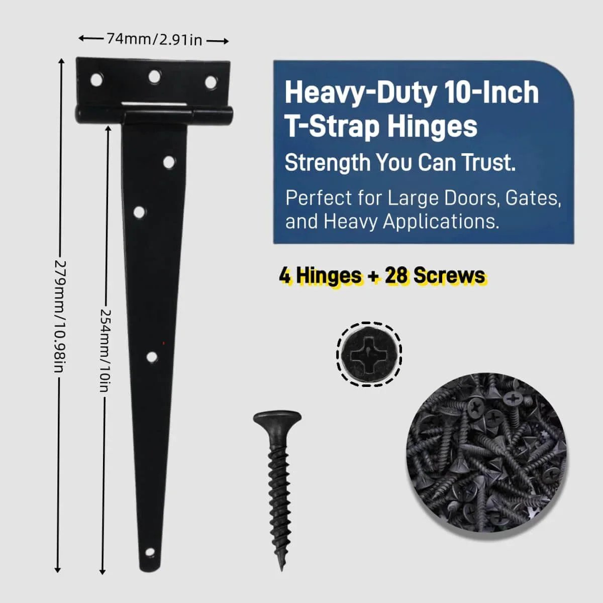 Image showing a Four Pack 10 Inch T Gate Hinge Heavy Duty Outdoor Rustproof Black Strap Hinges with screws for barn doors.