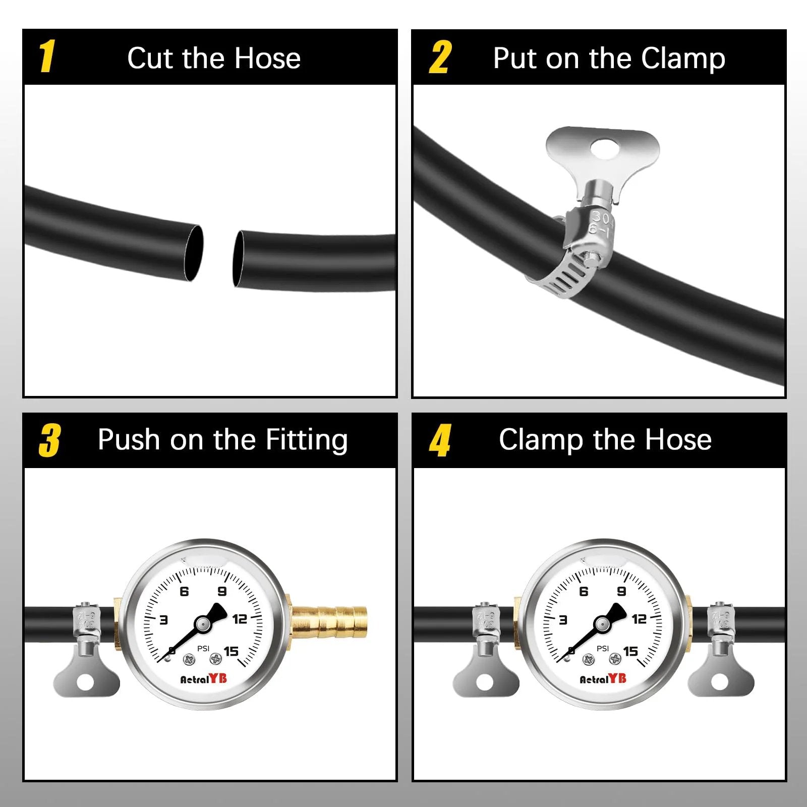 Pro Grade Inline Fuel Pressure Test Kit with step-by-step installation: cut hose, put clamp, push fitting, clamp hose, showing 1.5-inch dial gauge.