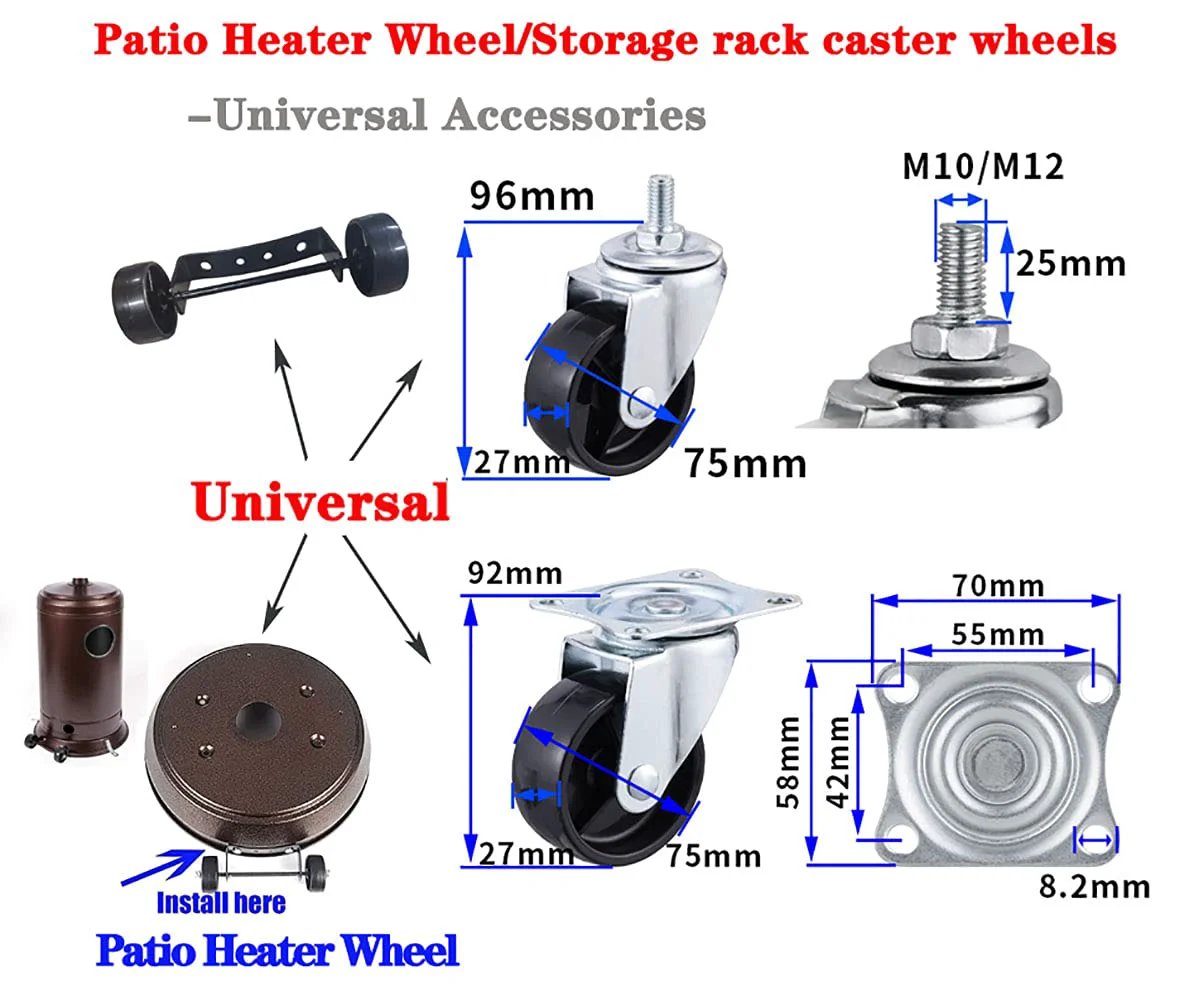 3 Inch Universal Patio Heater Wheels And Storage Rack Caster Wheels Set Of 2 with measurements and installation examples.