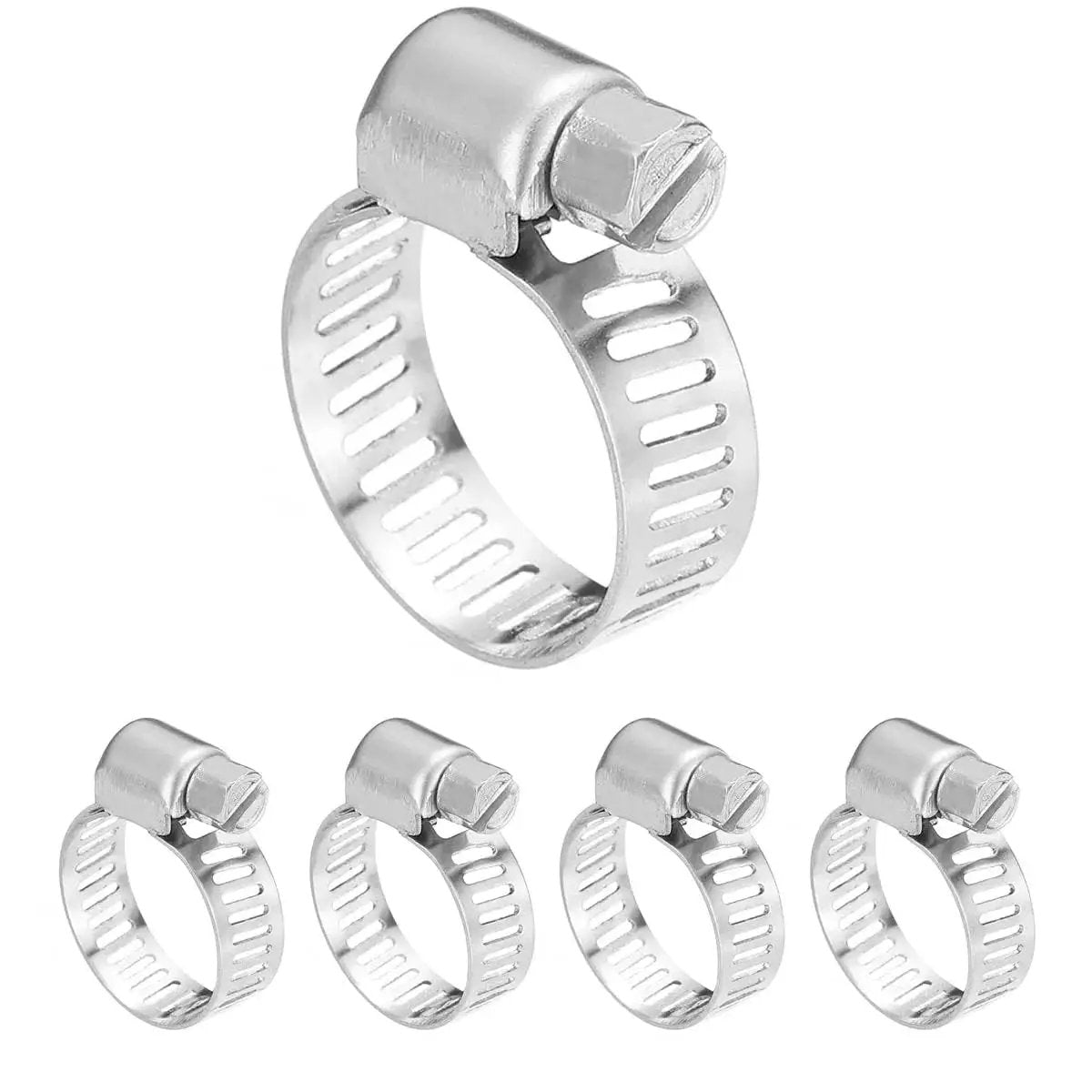 Stainless Steel Hose Clamps Set 6-12mm 25 Pieces Adjustable Perforated Worm Gear Clamps SAE J1508 for plumbing and garden use.
