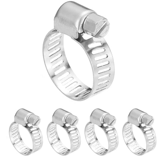 Stainless Steel Hose Clamps Set 6-12mm 25 Pieces Adjustable Perforated Worm Gear Clamps SAE J1508 for plumbing and garden use.
