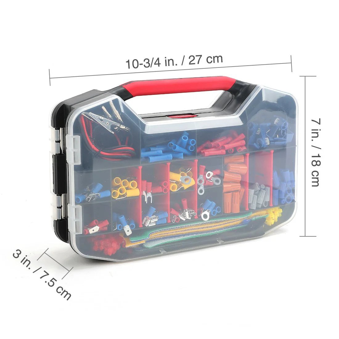 Complete 582 Piece Wire Terminal Kit With Crimp Terminals Heat Shrink Tubes Electrical Connectors And A Handy Wire Cutter Stripper shown in transparent box with handle, dimensions labeled.