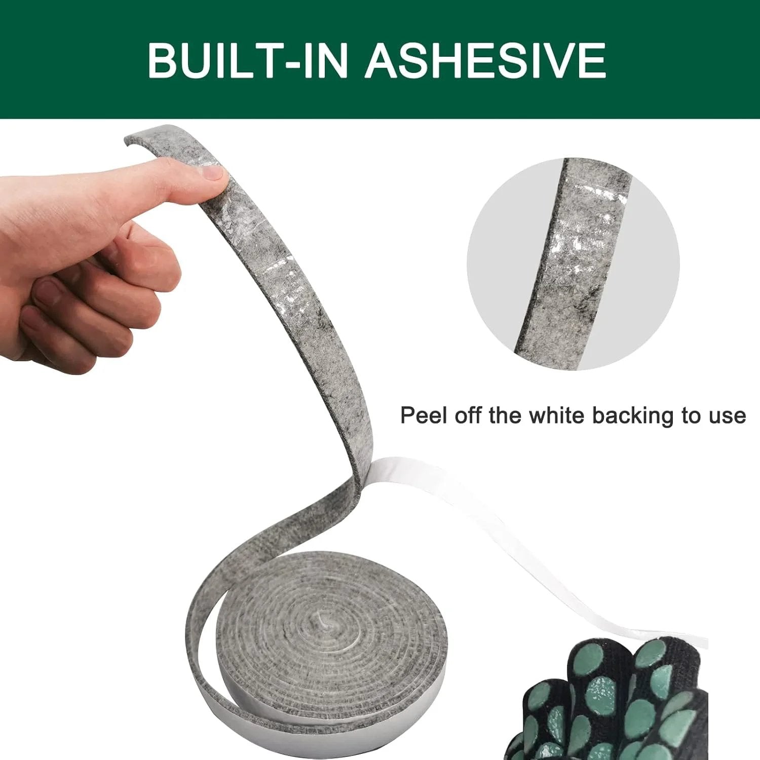High Temp Grill Gasket Replacement Peel And Stick Self Adhesive Felt Seal being unrolled, showing adhesive backing.