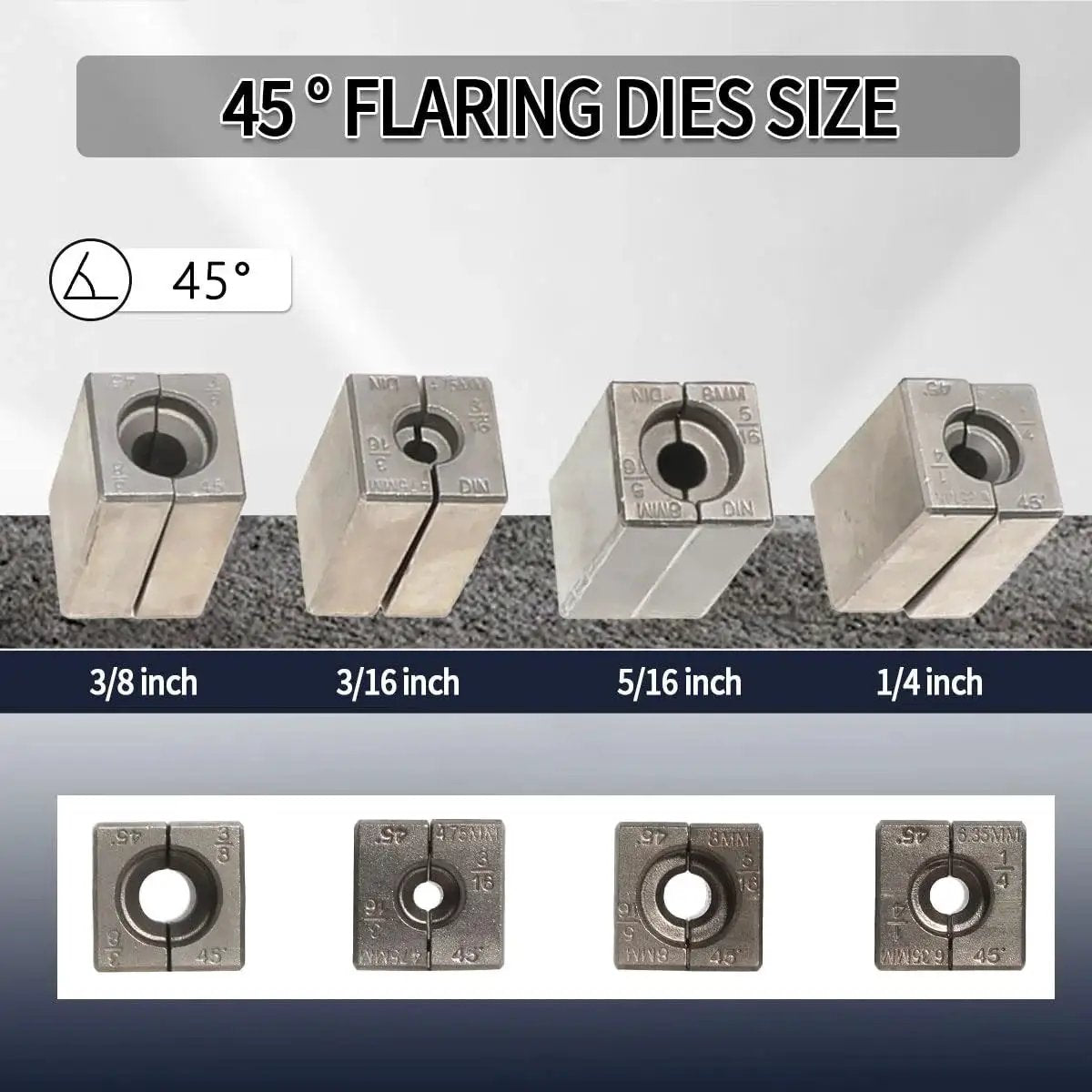 45 Degree Brake Line Flare Tool Kit For 3/16 To 3/8 Inch Tubing showcasing flaring dies in sizes 3/16, 1/4, 5/16, and 3/8 inch.