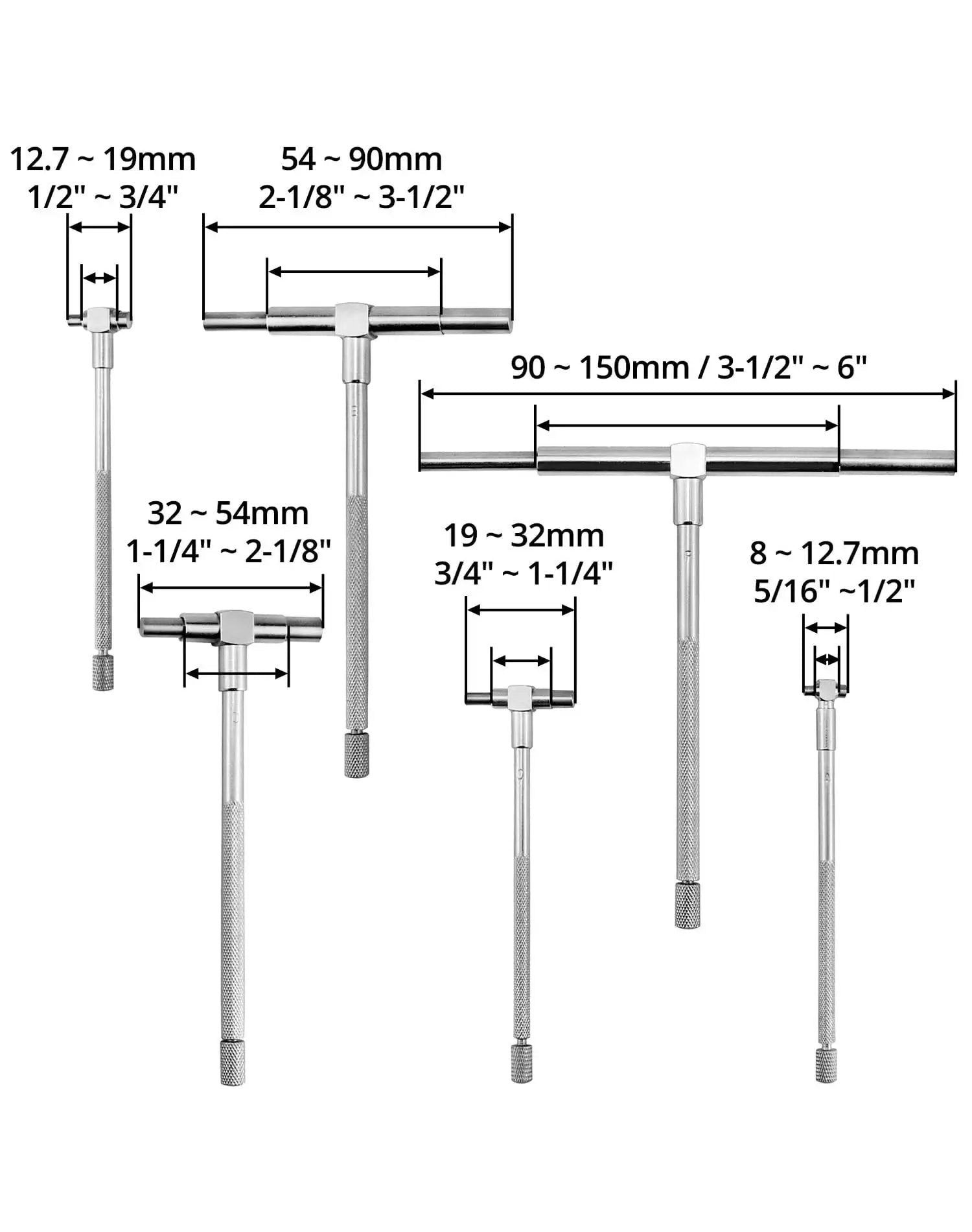 Set of six telescopic bore gauges ranging from 5/16 to 6 inches, shown in a dimensional diagram for precision machining and automotive use.
