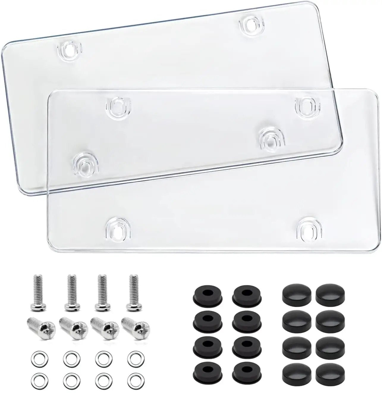 Transparent License Plate Cover 2 Pack With Curved Surface Design Fits Standard 6x12 Plates displayed with mounting hardware.