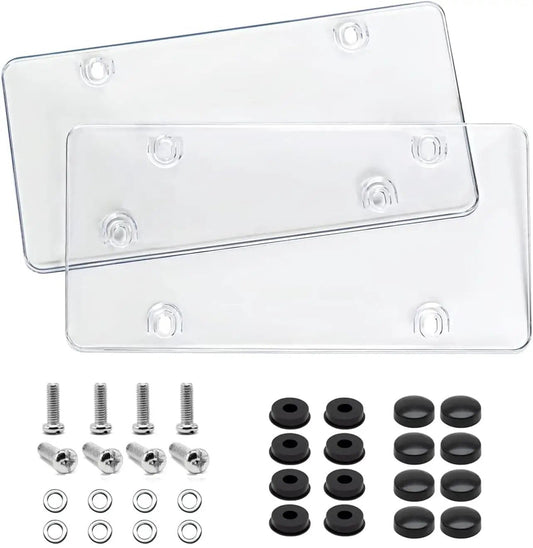 Transparent License Plate Cover 2 Pack With Curved Surface Design Fits Standard 6x12 Plates displayed with mounting hardware.