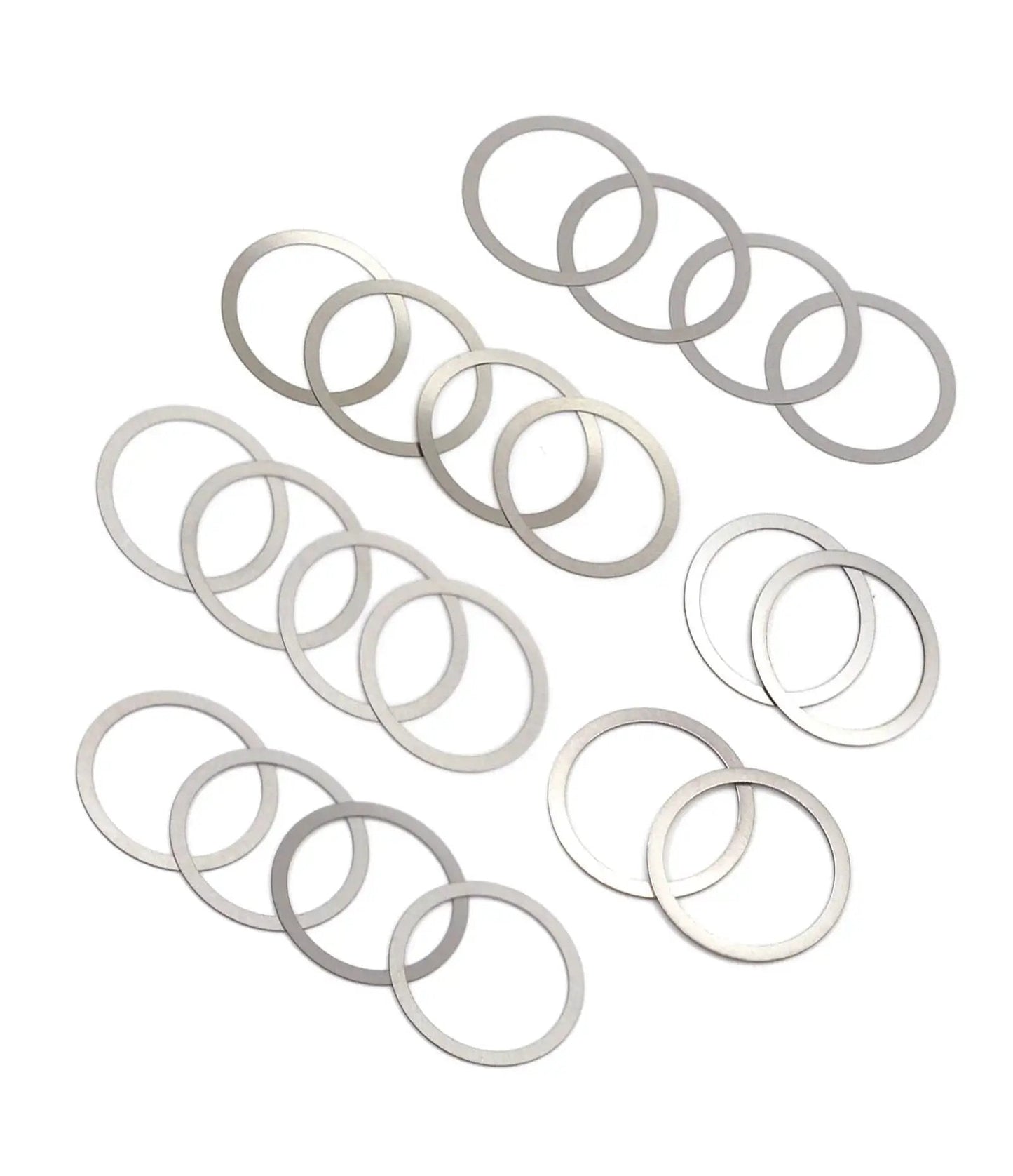24 barrel shims in stainless steel for timing and alignment for 308 7.62 and 300BLK rifles, pack of 20, on white background