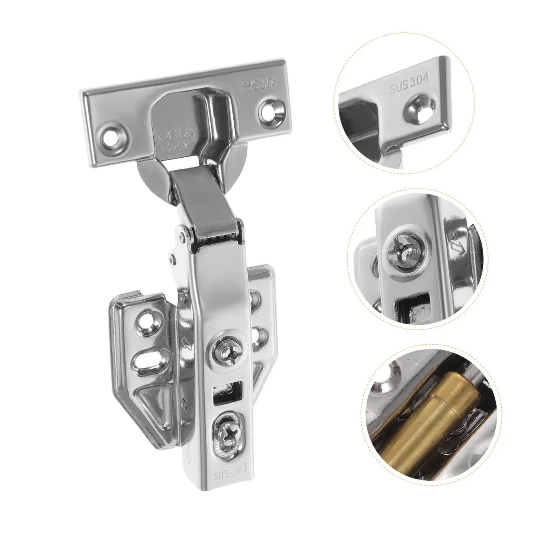 Close-up of stainless steel hidden door hinge with soft close mechanism for kitchen and bathroom cabinets, built to last by HOMSFOU.
