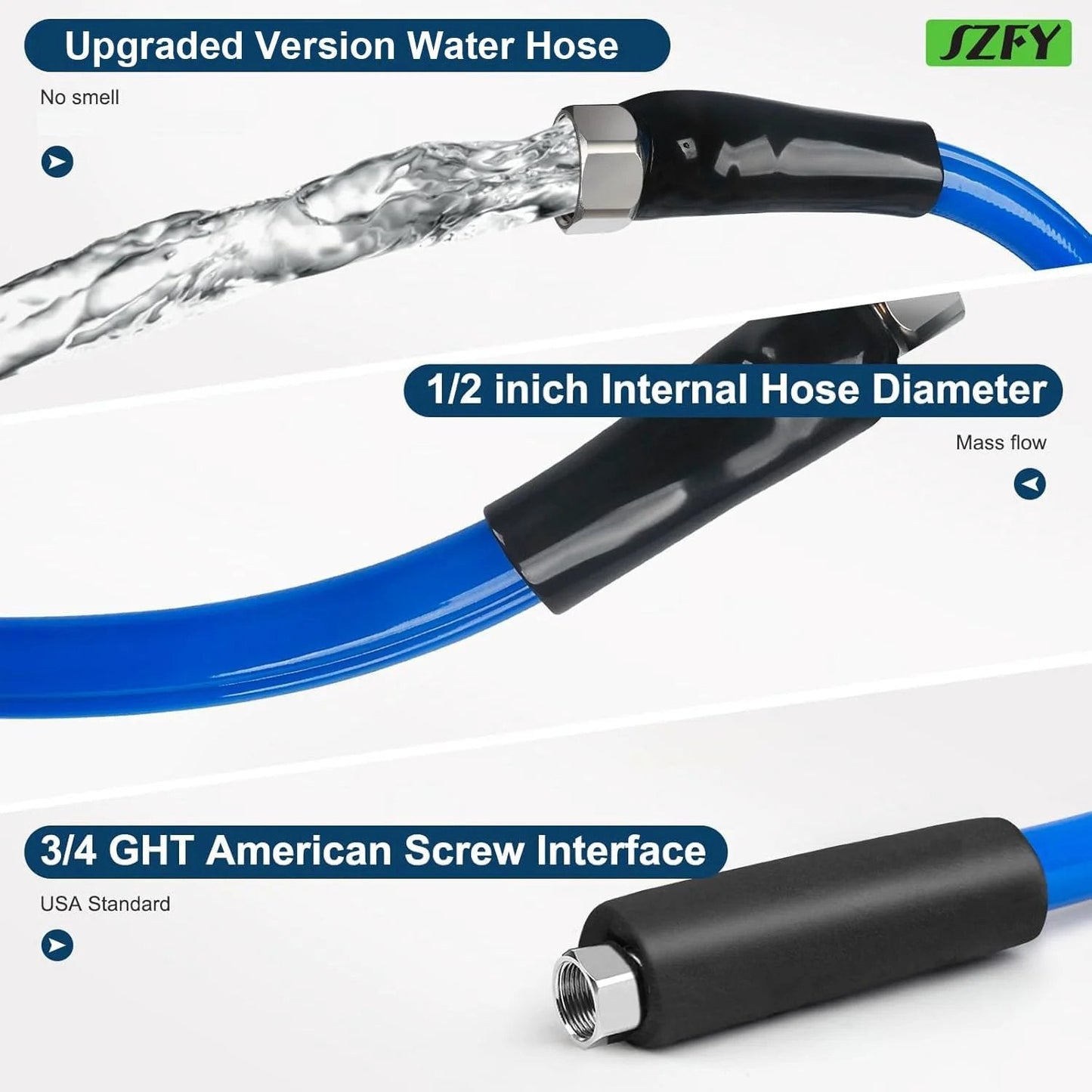 Heavy Duty 50 Foot Heated Water Hose for RVs and Campers with One Half Inch Inner Diameter Freeze Protection Down To Minus Forty Fahrenheit Ideal for Garden Farm and Home Use When Temperatures Drop, showing blue hose with water flow and connectors.