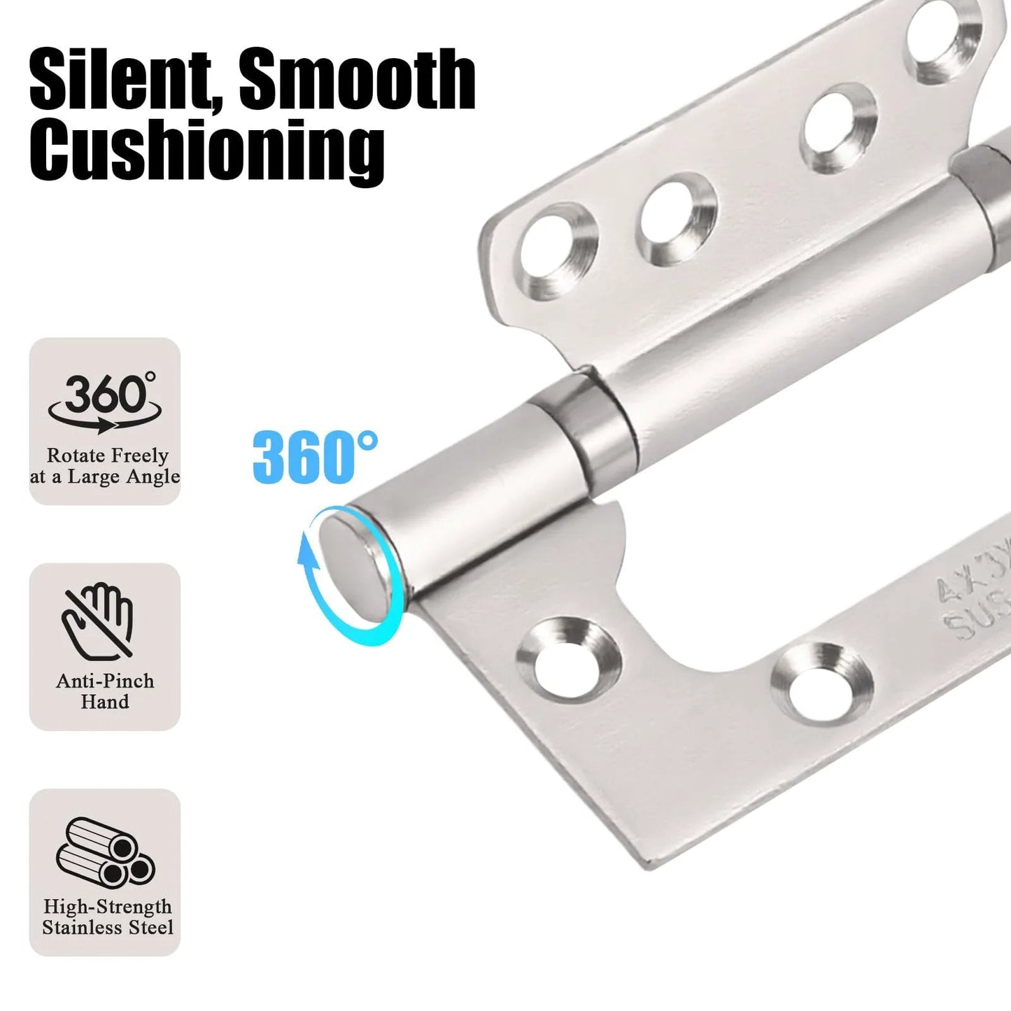 Close-up of 3 Pack Non-Mortise Stainless Steel Door Hinges 4 Inch By 3 Inch, showing anti-rust bearings and smooth operation.