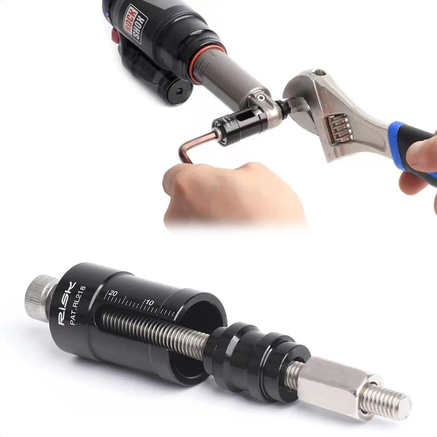 Rear Shock Eyelet Bushing Removal And Installation Tool For RockShox And Fox Suspension Systems, close-up of tool in use on MTB