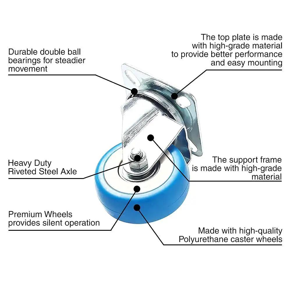 12 Pack Swivel Plate Caster Wheels With 50mm Plate Blue Polyurethane Wheels 360 Degree Swivel No Brake Smooth Silent Roll