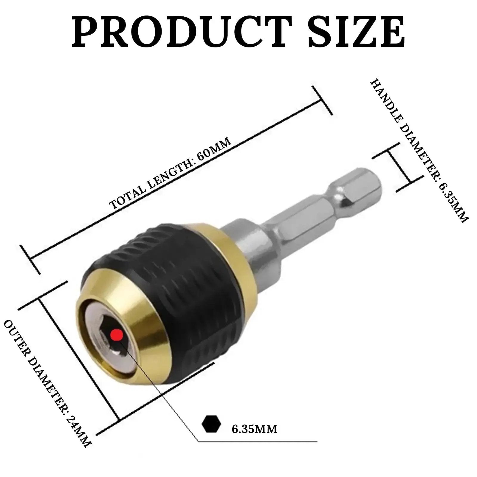 Quick Release Hex Shank Bit Holder With Self Locking Magnetic Drill Extension showing dimensions and silver black build
