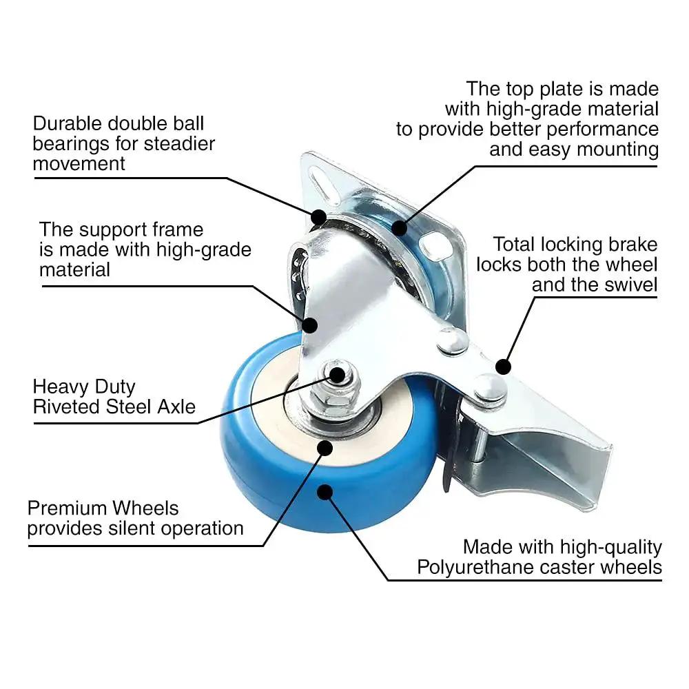 Close-up of blue polyurethane caster with brake, features labeled, from 12 Pack 2 Inch Swivel Plate Caster Wheels with plate and hole center details.