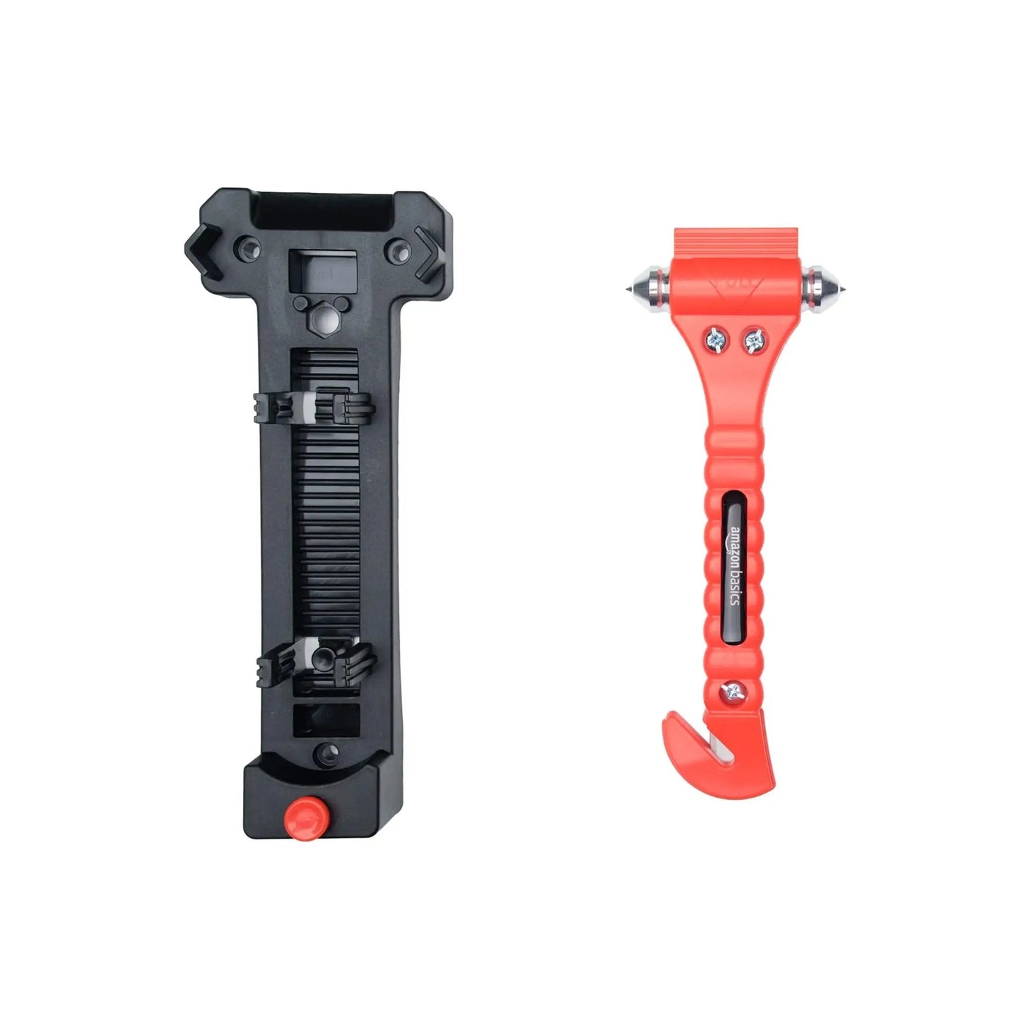 Emergency Escape Tool Kit With Window Breaker And Seatbelt Cutter For Cars Bright Orange Safety Hammer In Protective Bracket 2 Pack Tungsten Head Non Slip Grip SW-835 showing black bracket and bright orange hammer.