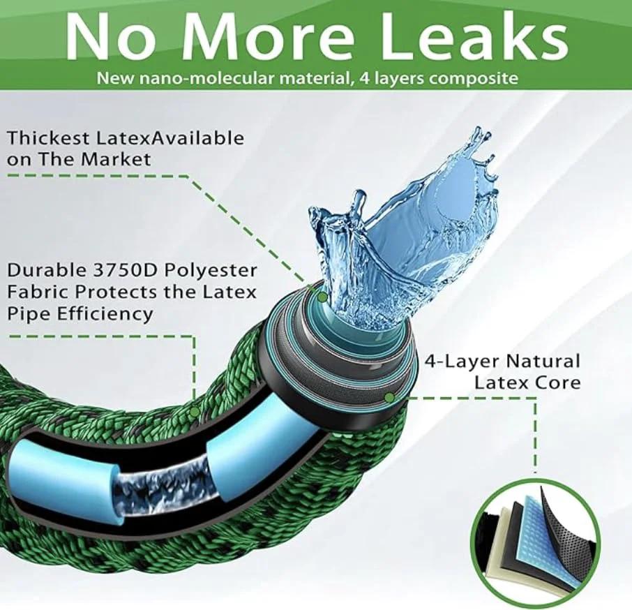 Close-up of 75-Foot Expandable Garden Hose With Ultra-Strong 3750D Fabric, Four-Layer Latex Core showing water flow and materials.