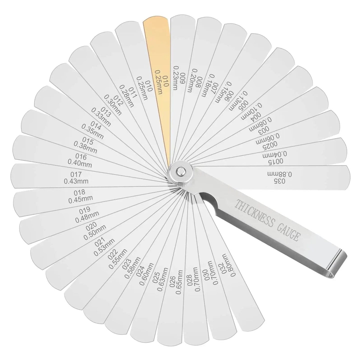 Stainless Steel Feeler Gauge Set With 32 Blades For Precise Valve And Spark Plug Gap Adjustment, Dual Metric And Imperial Readings.