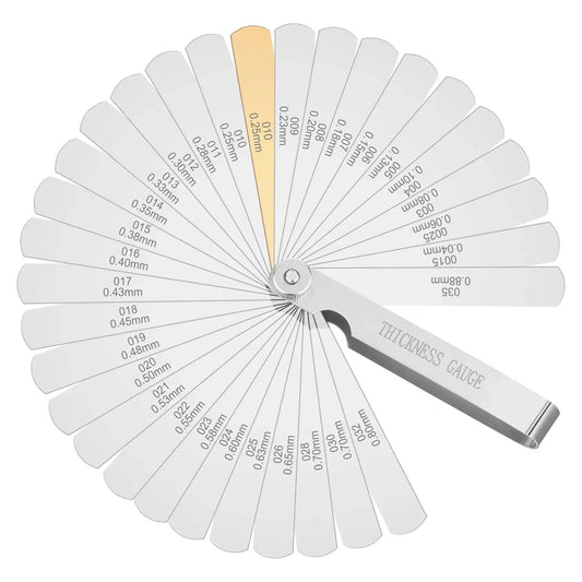 Stainless Steel Feeler Gauge Set With 32 Blades For Precise Valve And Spark Plug Gap Adjustment, Dual Metric And Imperial Readings.