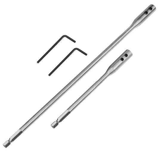 Four Piece Quarter Inch Spade Drill Bit Extension Set With Hex Shanks And Hex Keys, shown with 6 and 12 inch extensions, for woodworking