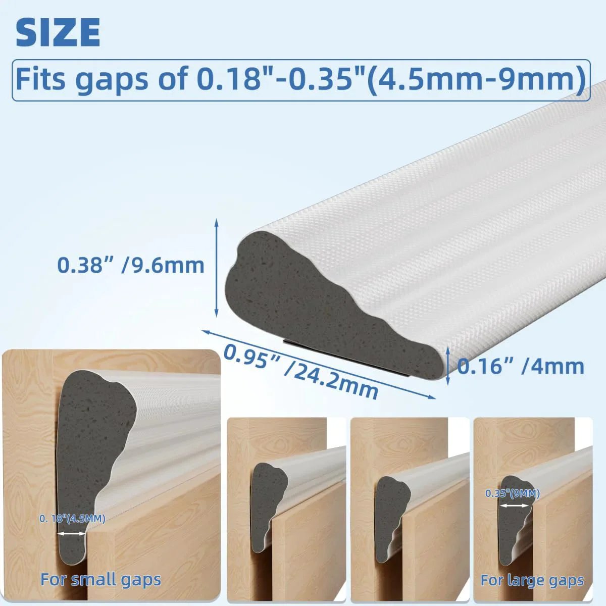 Wedge Shape Window and Door Weather Stripping Seal for Exterior Front Door, 118-Inch Black Foam Gap Filler shown in size diagram for gaps 0.18-0.35 inches
