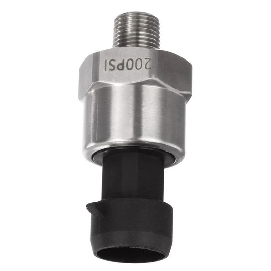 Front view of Stainless Steel 200 Psi Pressure Transducer Sensor with 1/8 Inch NPT Thread and Connector Harness for automotive use