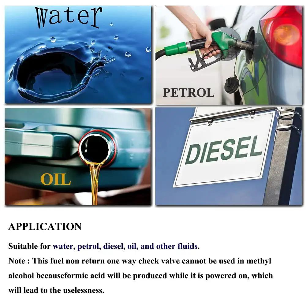 Collage of water, petrol, oil, and diesel fuel applications for 8mm ID Fuel Non Return One Way Check Valve For Gasoline Diesel Oil And Water Aluminum Alloy Auto Accessory Durable High Temperature Design Perfect For Fuel Lines Long Lasting Convenience 12 Month Warranty