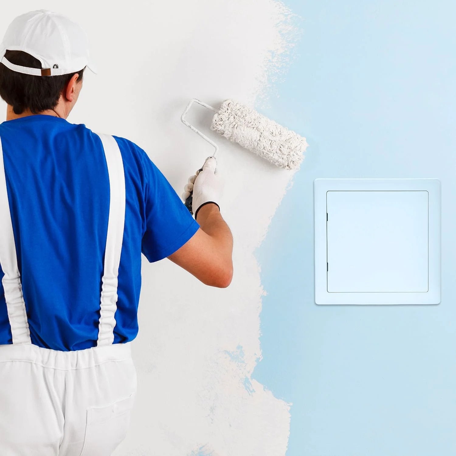 Painter beside 10x10 Inch Plastic Access Panel For Drywall Removable Wall Door For Plumbing And HVAC By QWORK, seamless wall integration.