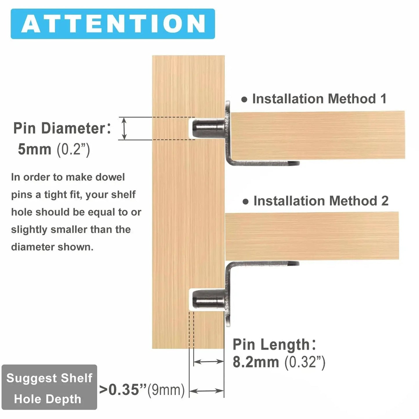 Diagram showing installation methods and measurements for 5mm L Shaped Shelf Pins For Wood Shelving 8.2mm Pin Length Cabinet Support.
