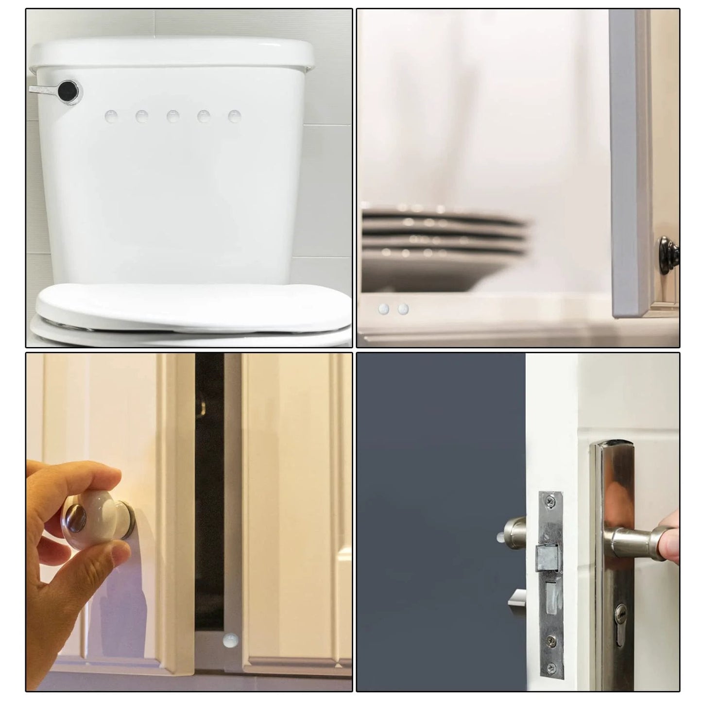 Images of various cabinet and toilet fixtures including cabinet hinges and door handles showcasing installation options.