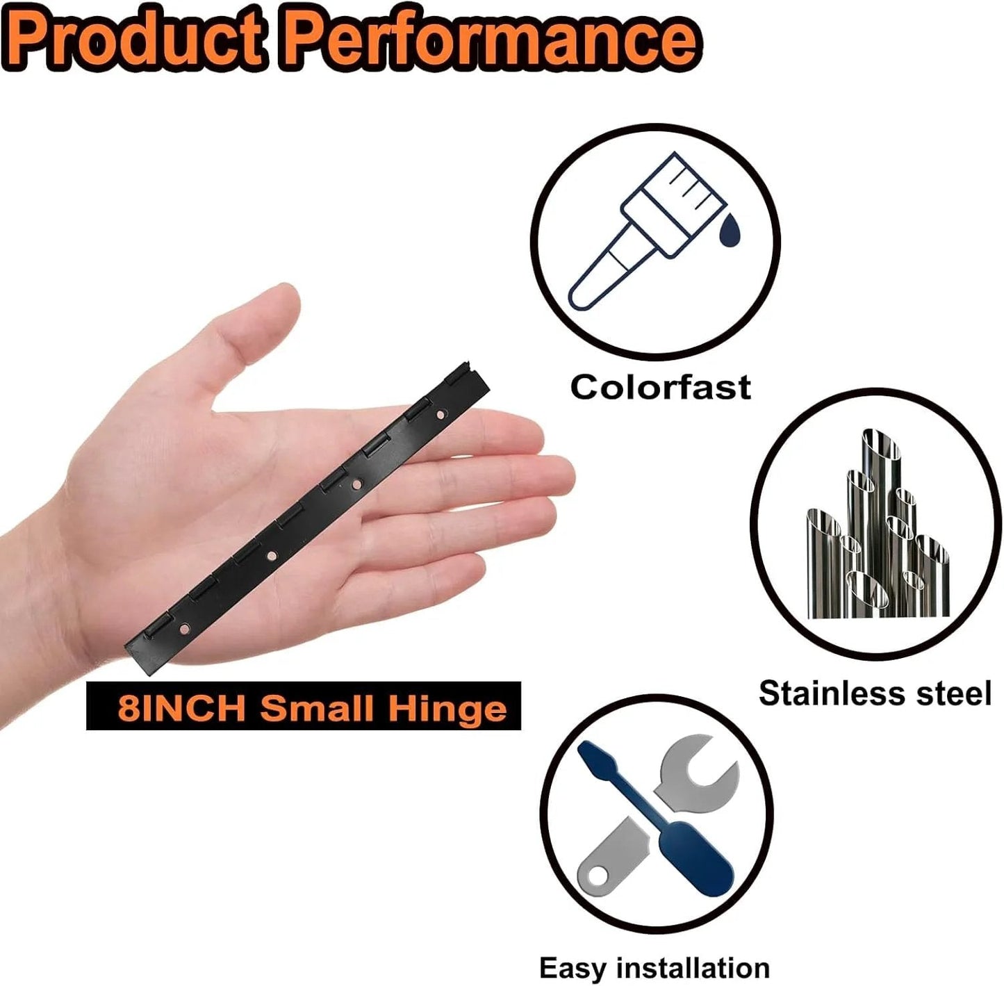 Hand holding 8-inch small hinge from 4 Pack 8 Inch Piano Hinges in Black Stainless Steel 304 Continuous Folding Hinges for Doors Cabinets and Windows