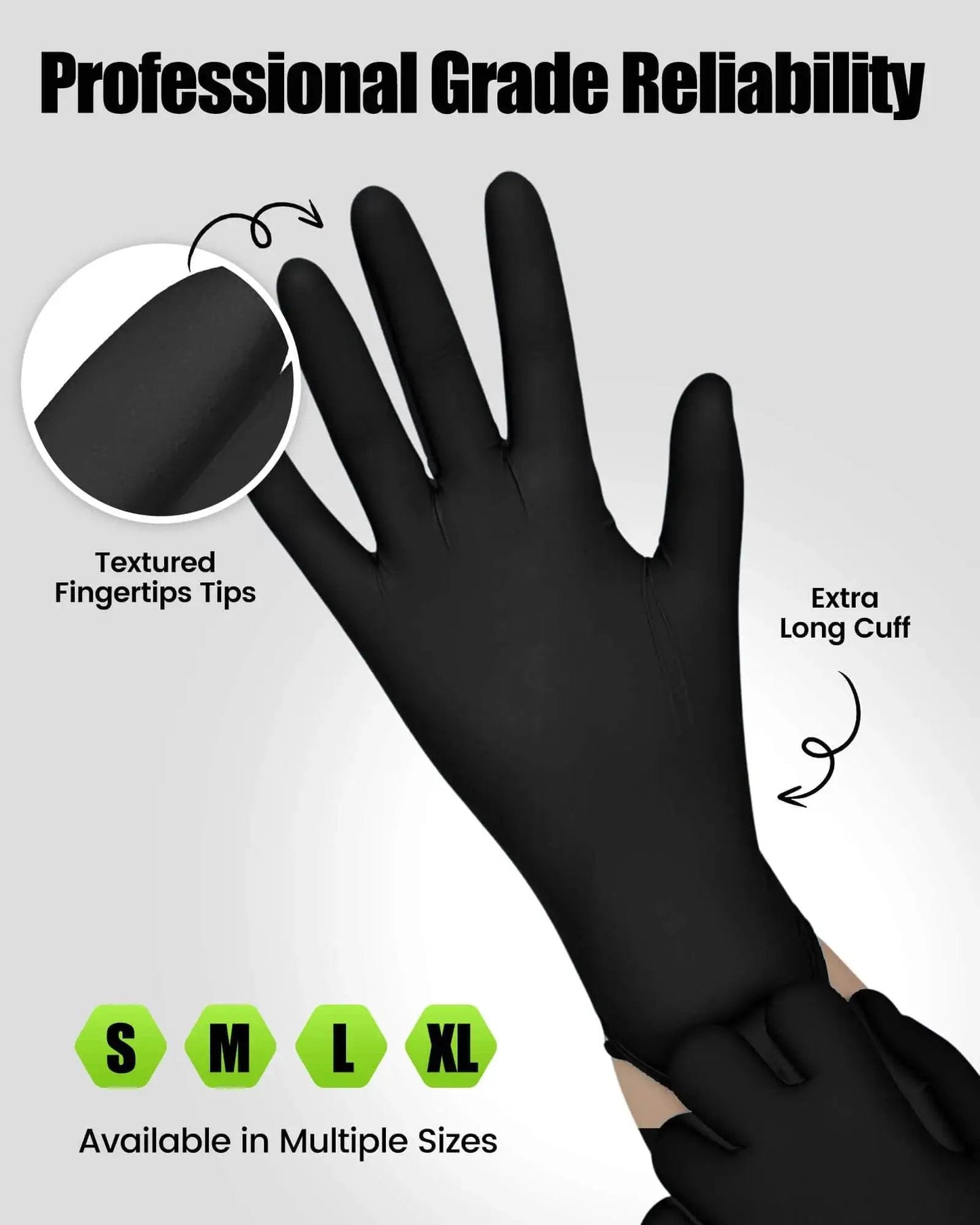 Black Nitrile Gloves 6 Mil Heavy Duty Disposable Textured Grip Powder Free with textured fingertips and extra-long cuff demonstration
