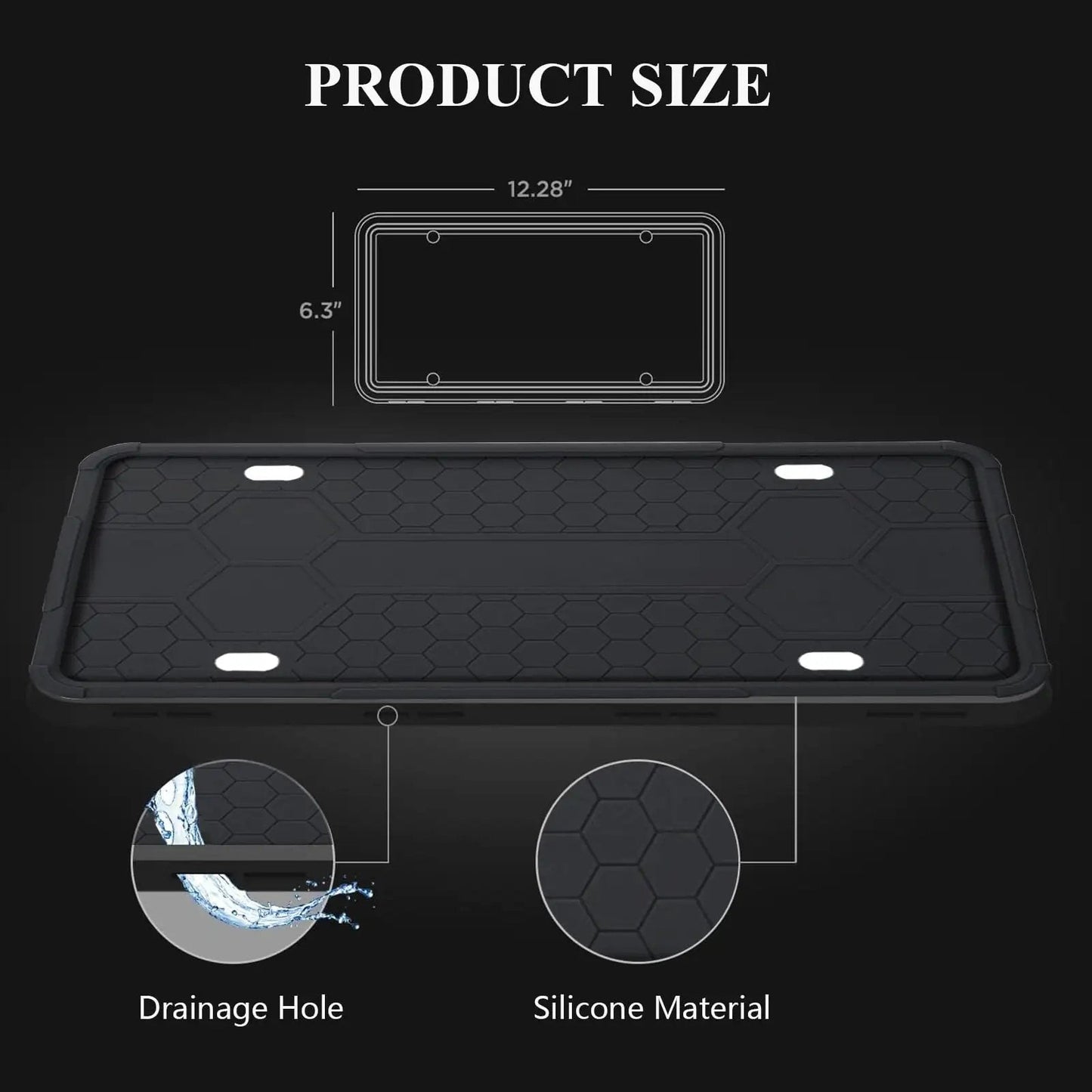 Silicone License Plate Frame 2 Pack For Cars And SUVs, Universal Black Plate Holder, showing product dimensions and drainage hole details.