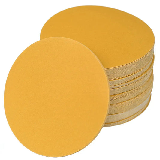 Stack of 6-Inch No-Hole Hook and Loop Sanding Discs 320 Grit 100-Pack for Automotive, shown from the front and side.