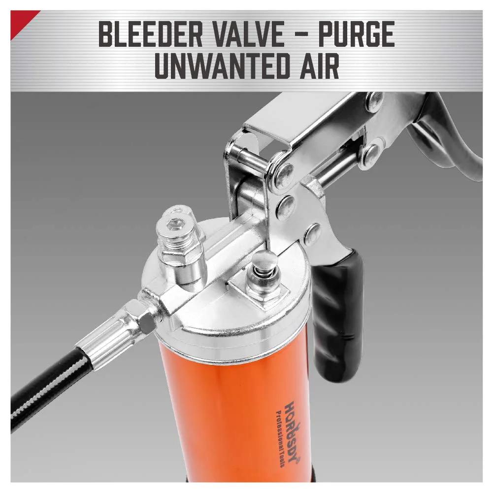 Close-up of Heavy Duty Grease Gun Kit With 14oz Tubes, 7000 PSI, aluminum body, showing bleeder valve, from HORUSDY