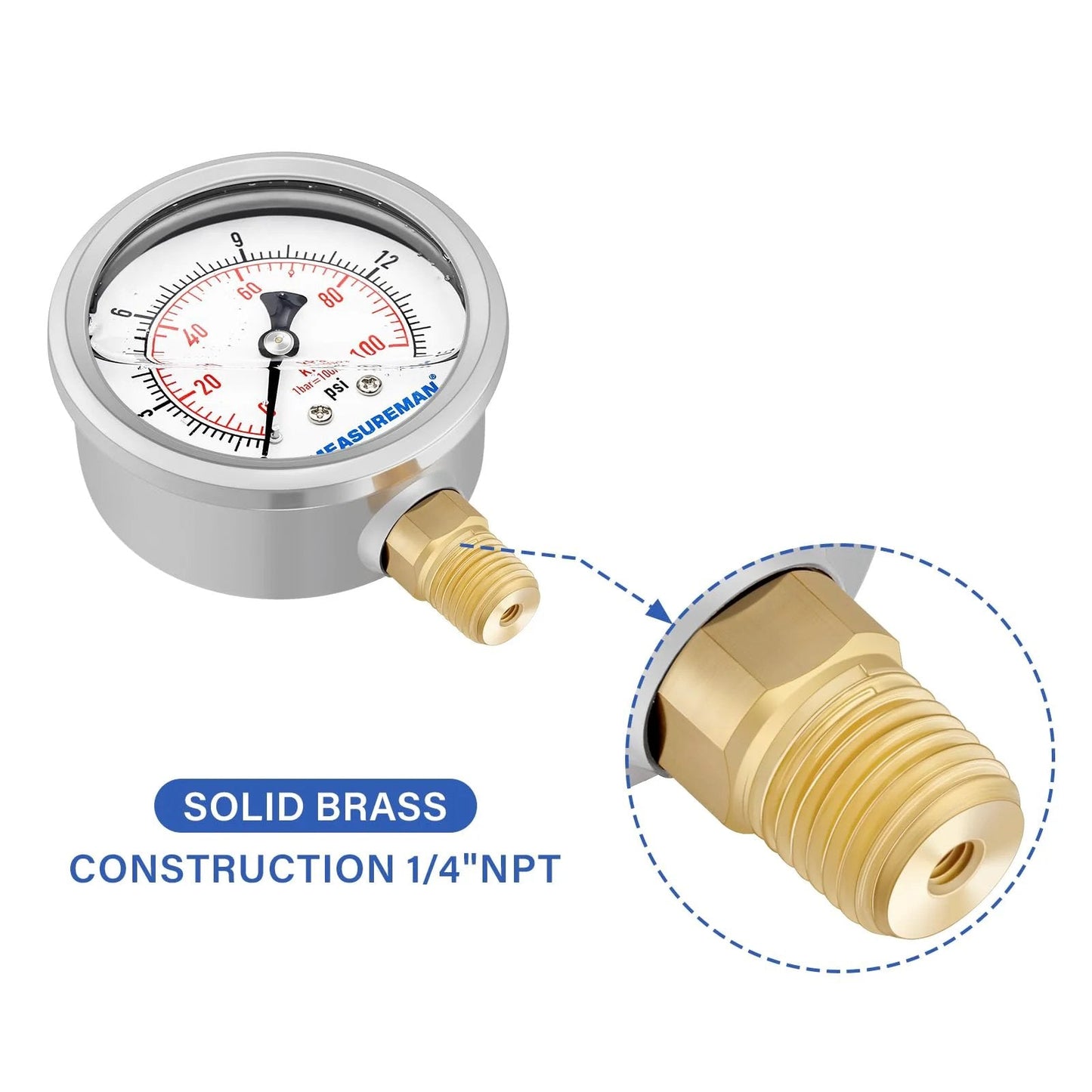 Heavy Duty Liquid Filled Air Gauge Kit For Portable Oil Fired Heaters 0 To 15 PSI with solid brass 1/4 NPT connector