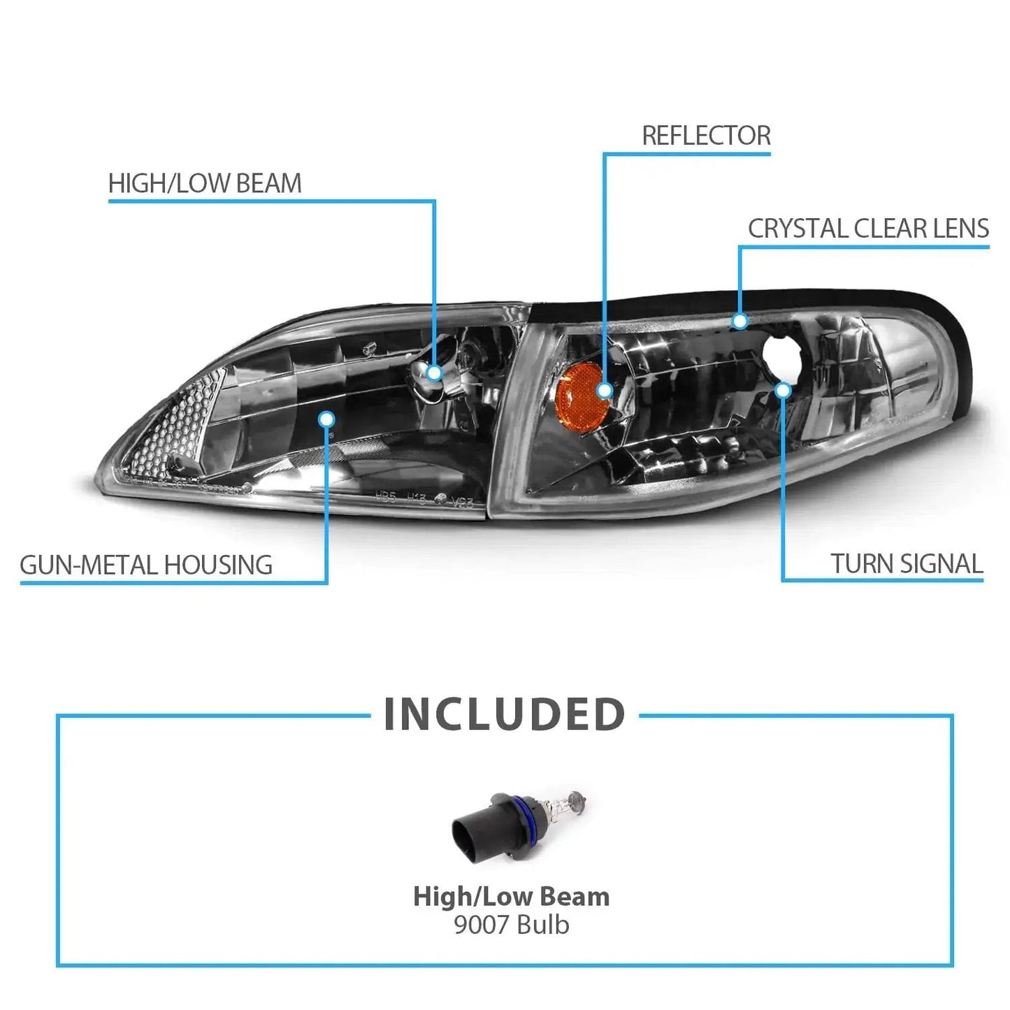 Replacement Headlights For 1994 1998 Ford Mustang Gun Metal Corner Turn Signal Set Direct Fit Driver And Passenger Side Dot SAE Approved Easy Plug And Play OEM Replacement AmeriLite shown with features labeled.