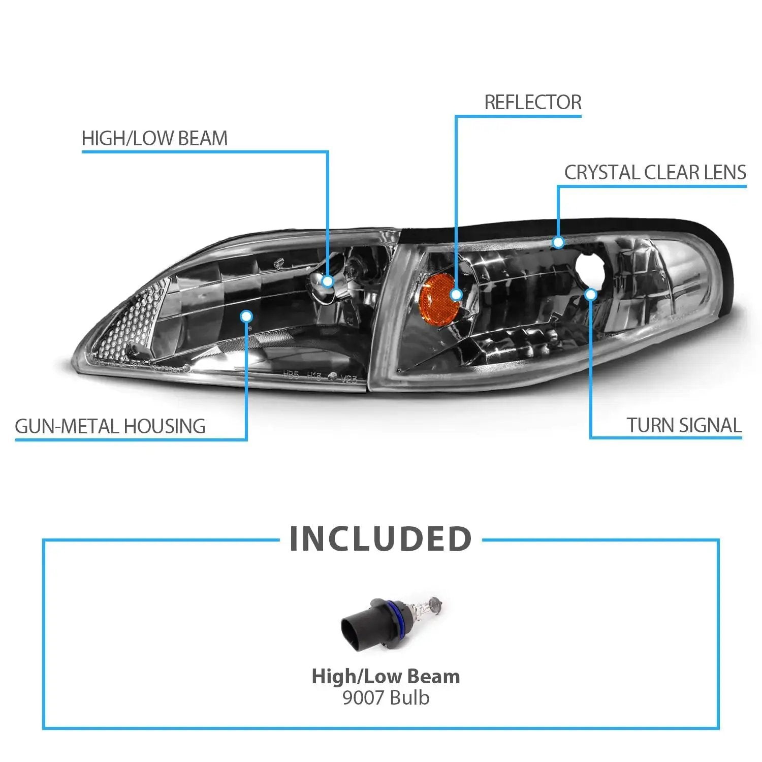 Replacement Headlights For 1994 1998 Ford Mustang Gun Metal Corner Turn Signal Set Direct Fit Driver And Passenger Side Dot SAE Approved Easy Plug And Play OEM Replacement AmeriLite shown with features labeled.