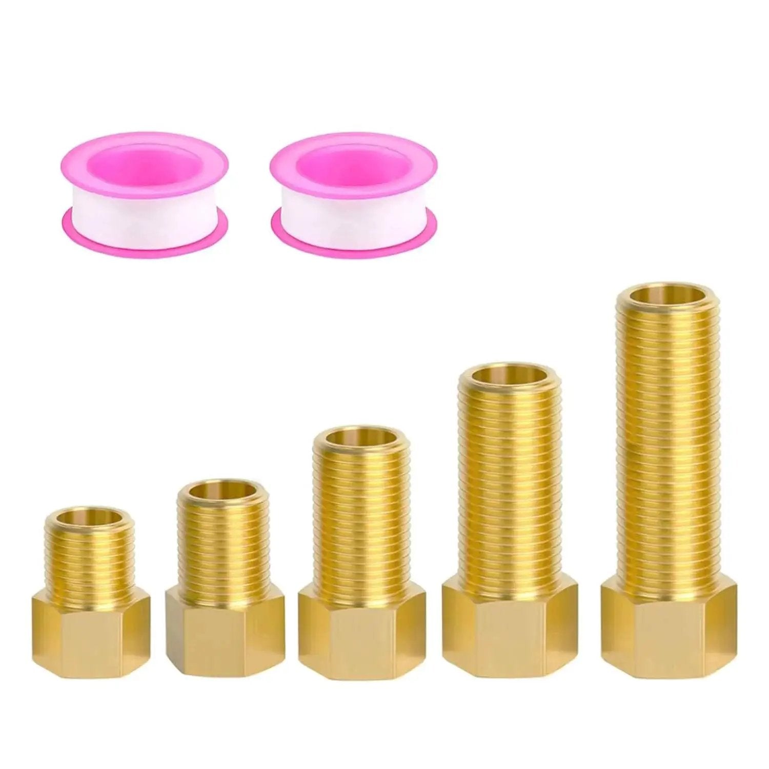 1/2 Inch Brass Pipe Extension Fitting Set Female To Male Connector Hex Bushing Reducer with Teflon Tape, 5 Pieces